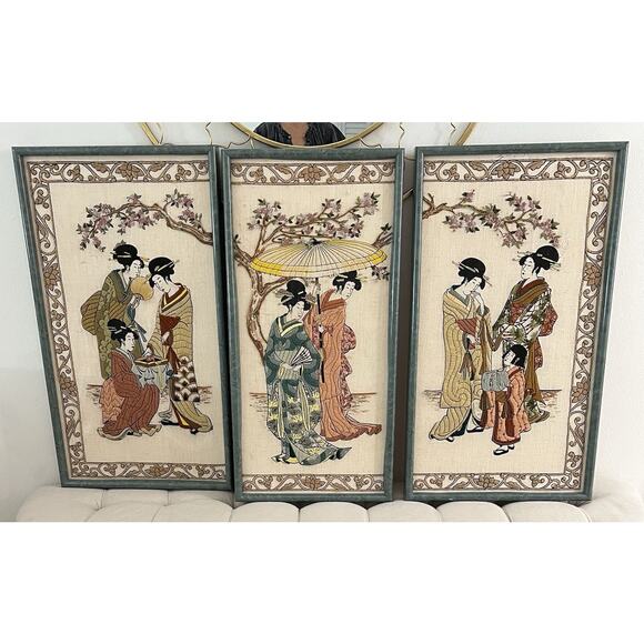 Vintage 1980s Japanese Antique Needlepoint Framed Wall Art Hand Stitched Framed - Picture 1 of 12